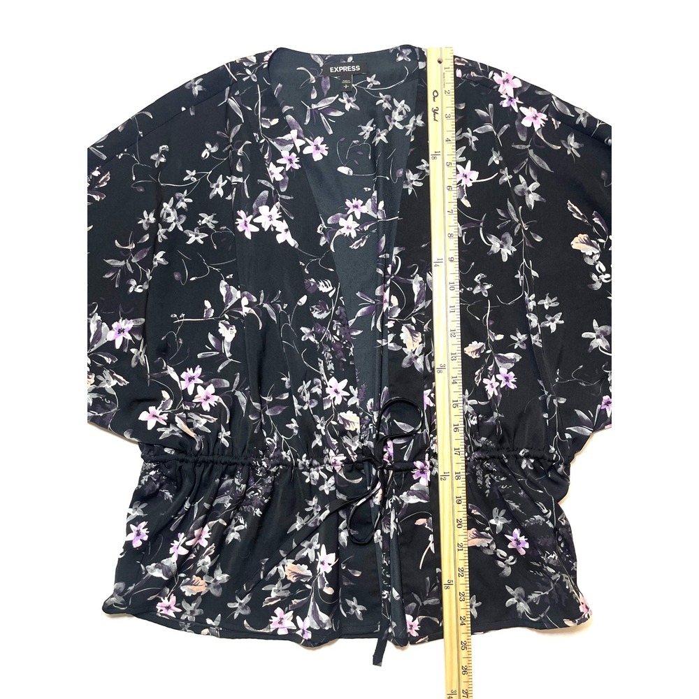 Express Floral Peplum Blouse Black Purple Open Front Tie Waist Top Small 0209 - Picture 4 of 6